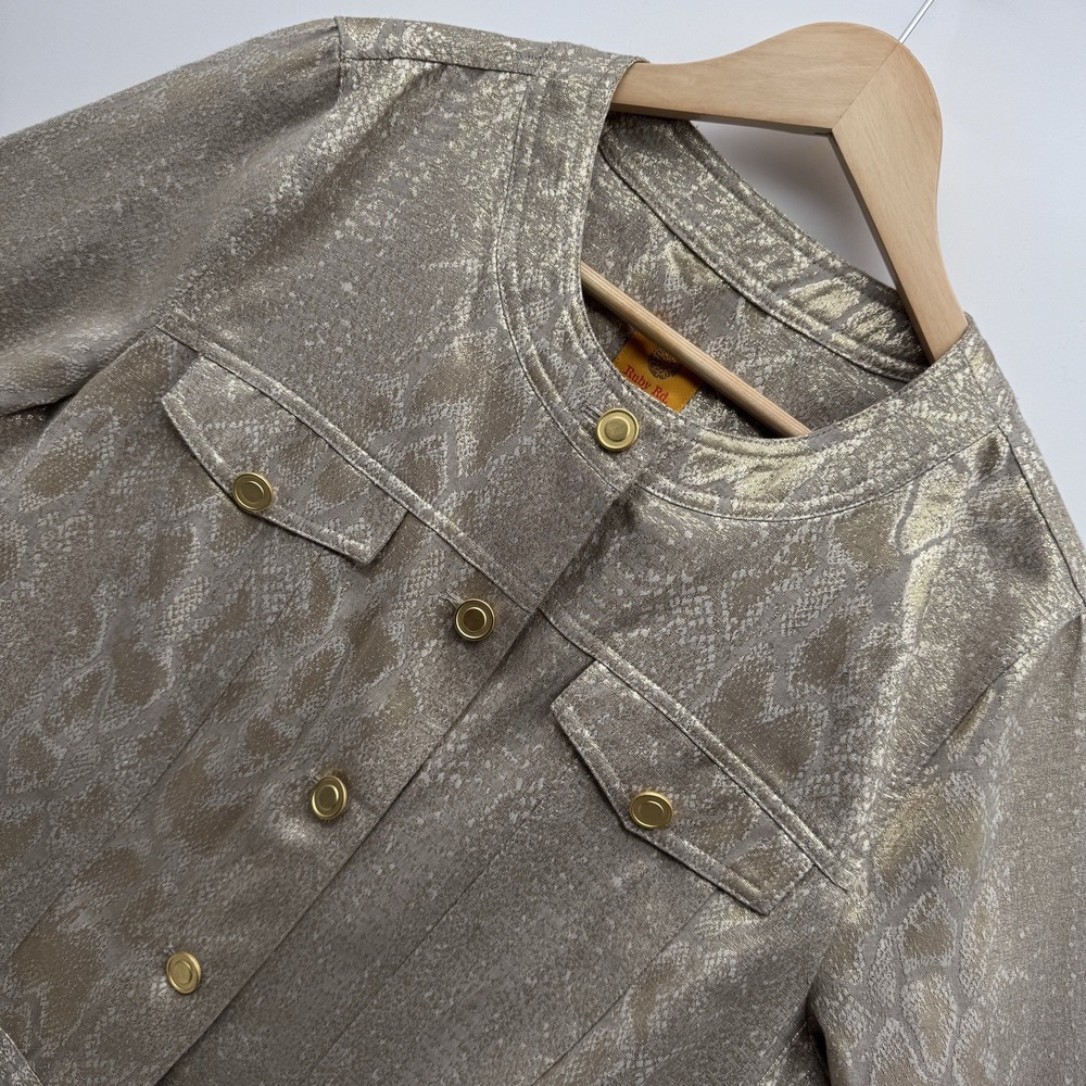 Ruby Rd Jacket Womens 14 Gold Metallic Shimmer Snakeskin Print Button Up